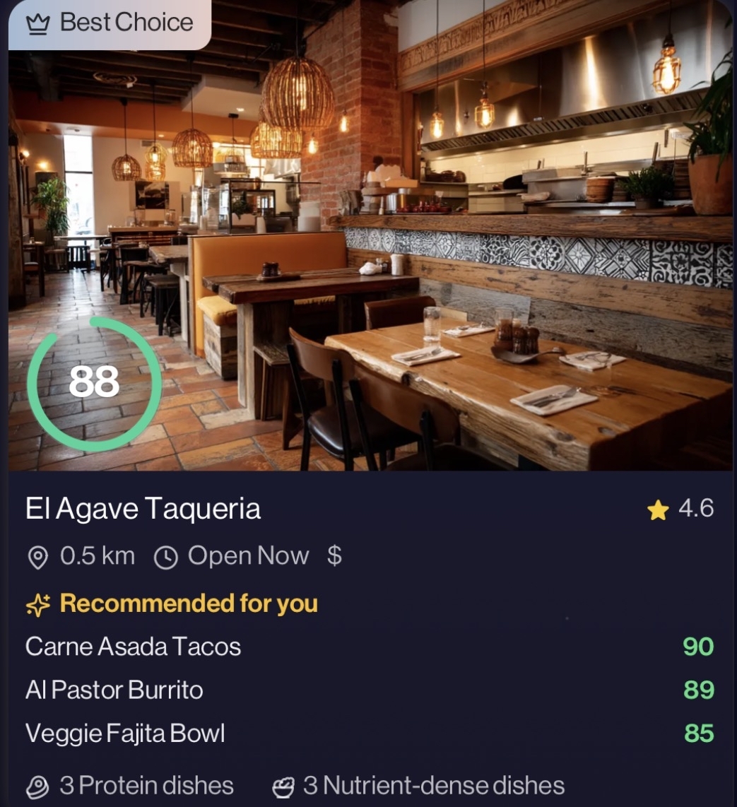 El Agave Taqueria, best choice, score 88, three carne asada / al pastor / veggie fajita recommendations